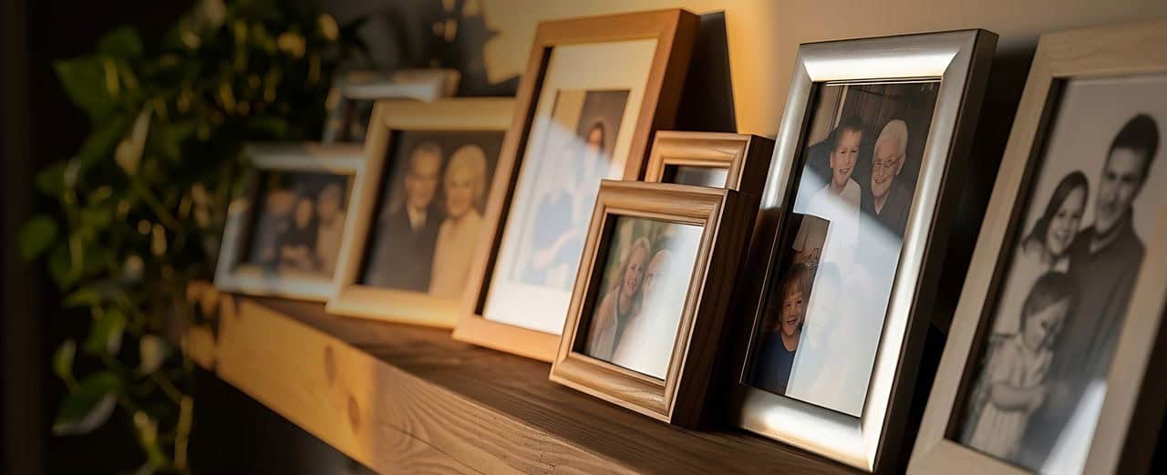 mantle with framed photos